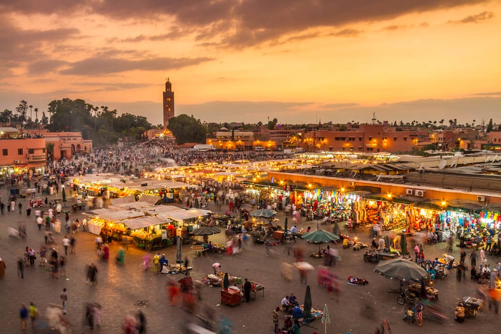 Sunset aerial view of Jemaa el-Fna square in Marrakech, the tour's departure point