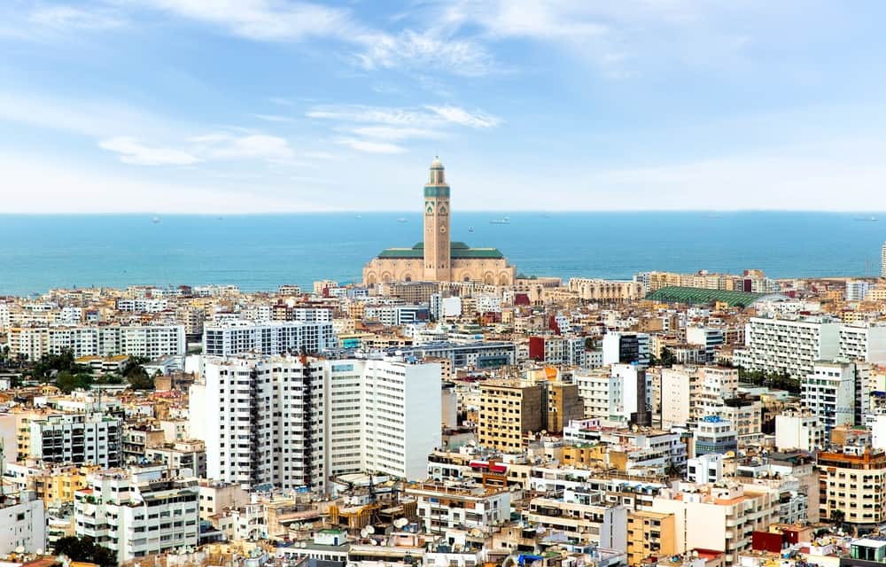 Panoramic view of Casablanca's coastline with the Hassan II Mosque on the Atlantic