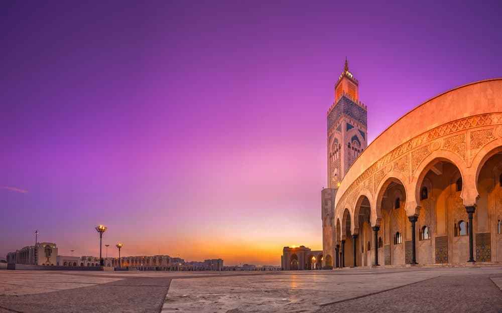 Hassan II Mosque minaret rising above the Atlantic coastline, Casablanca, Morocco
