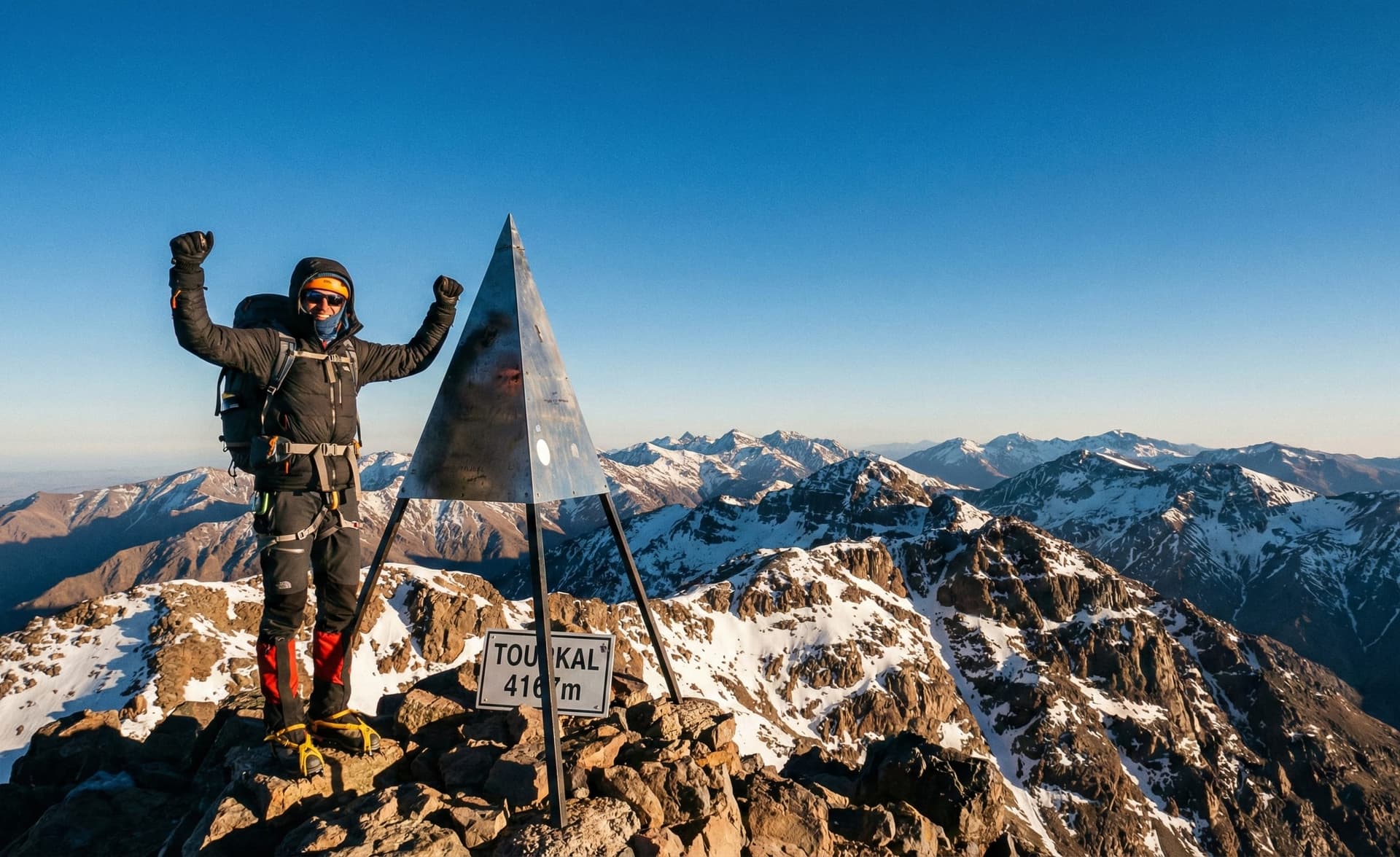 Our guide celebrating at the Toubkal summit pyramid marker, 4,167m, North Africa's highest point