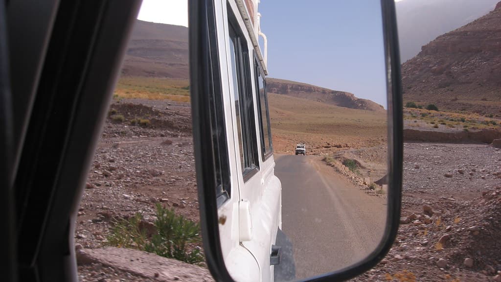 Dades Gorges winding canyon road with towering rock formations, Morocco
