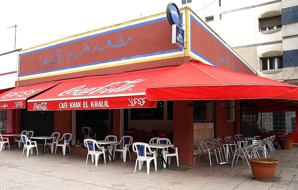 Street-corner cafe in Casablanca's modern Maarif shopping district