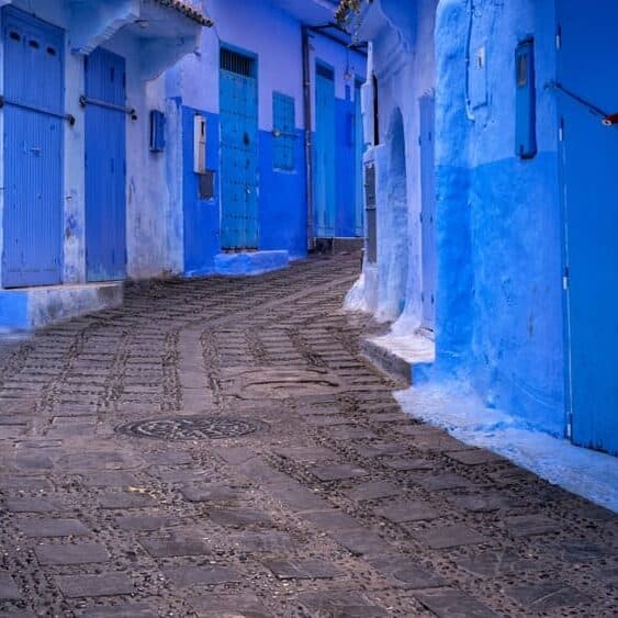 Blue-washed alleyway in the Chefchaouen medina, Morocco