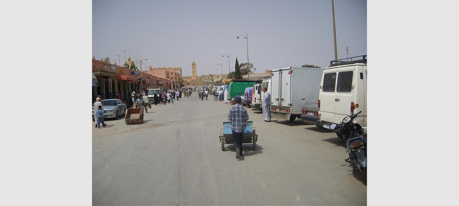 Rissani market street lined with local vendor stalls in Morocco