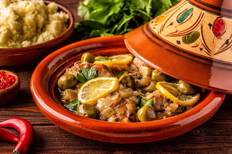 Traditional Moroccan lamb tagine served for dinner at the desert camp