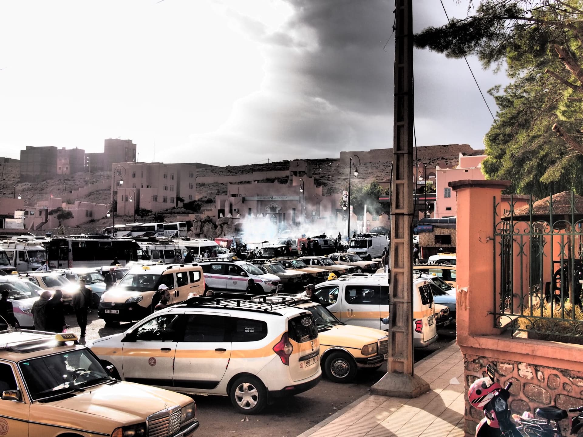 Taxi stand in central Tinghir, the town's hub for transport and travelers