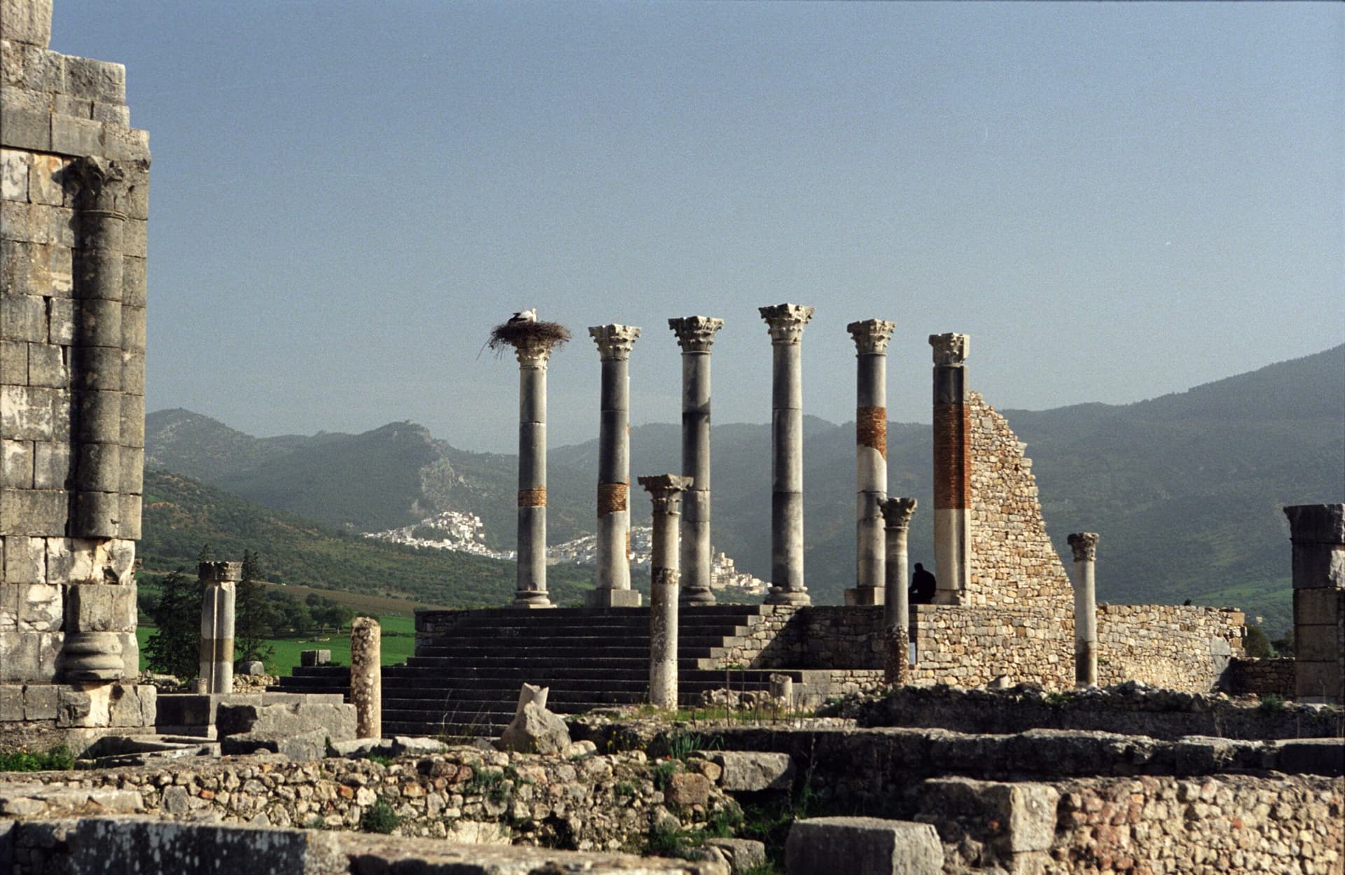 Capitol columns at the Roman ruins of Volubilis, green hills backdrop, Morocco