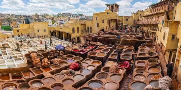 The Chouara tanneries in the Fes el-Bali medina seen from a leather terrace