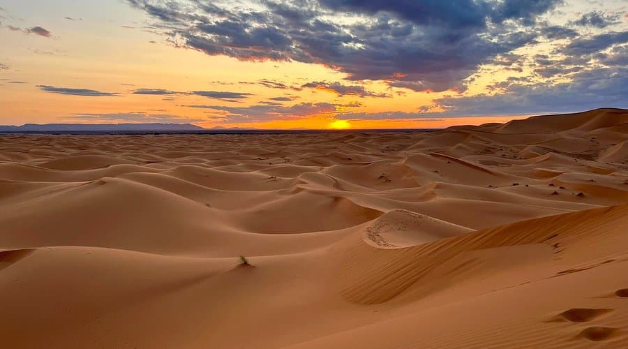 Sunrise over the Erg Chebbi dunes near Merzouga in the Moroccan Sahara