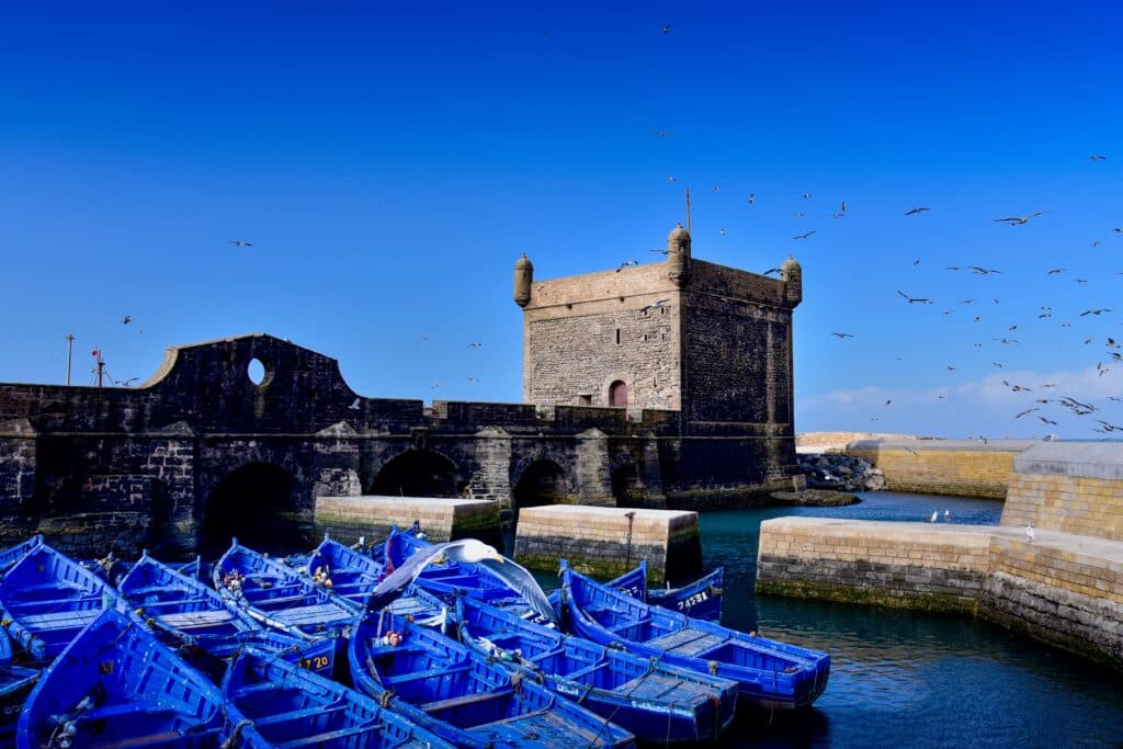 Blue fishing boats and the ramparts of the Essaouira medina on the Atlantic coast