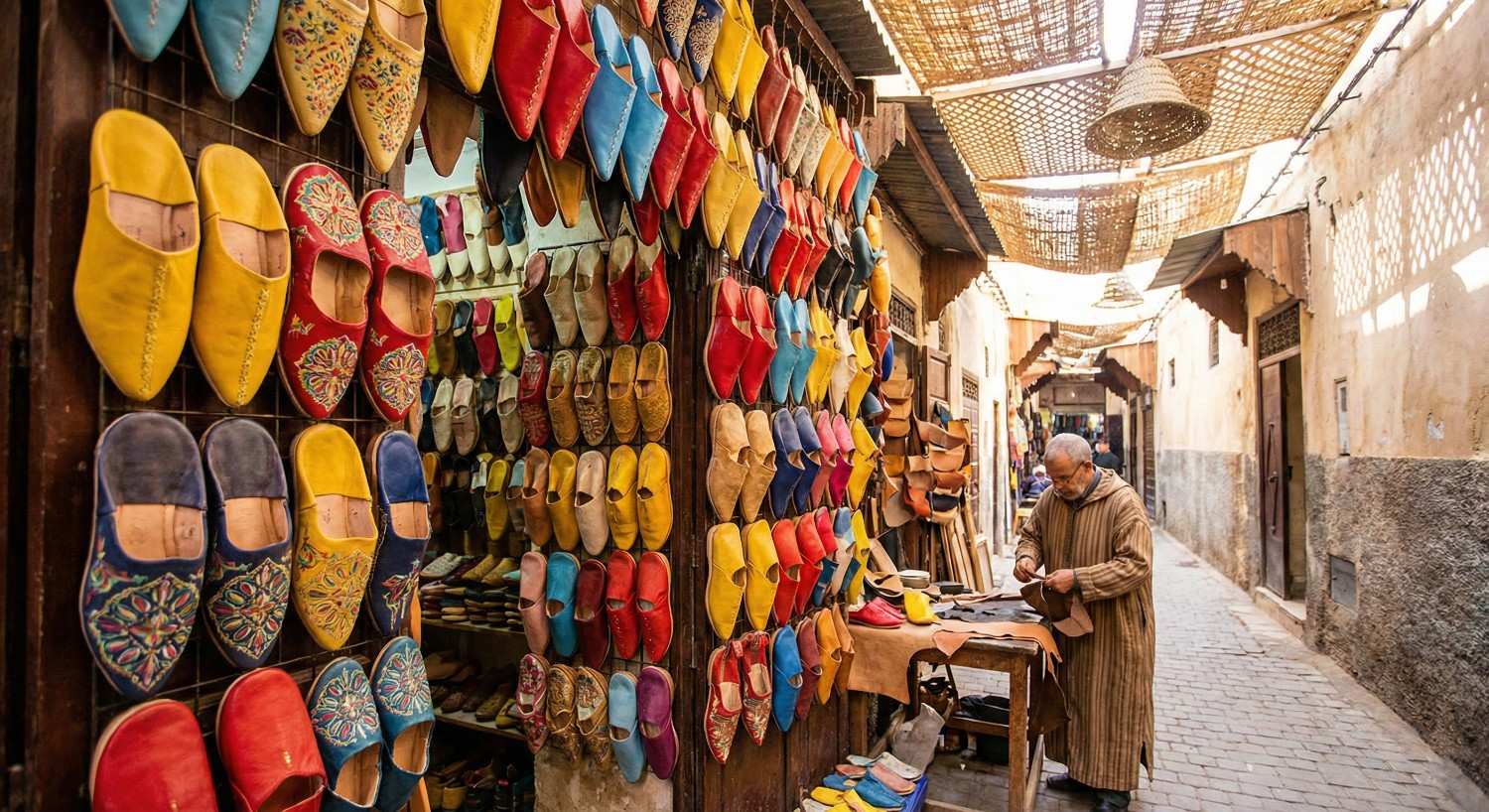 Spice cones and babouche slippers on display in a Moroccan souk