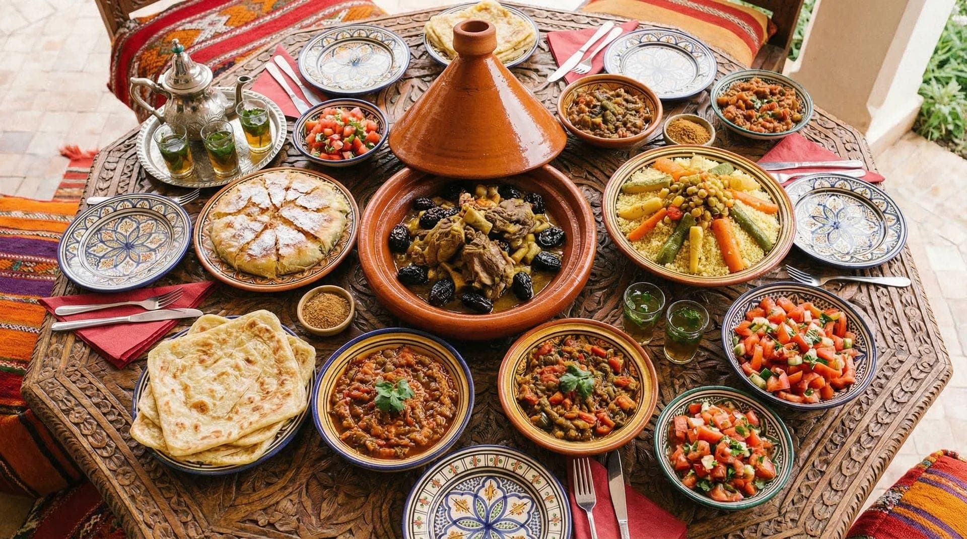 A Moroccan tagine served with mint tea poured from height into a glass