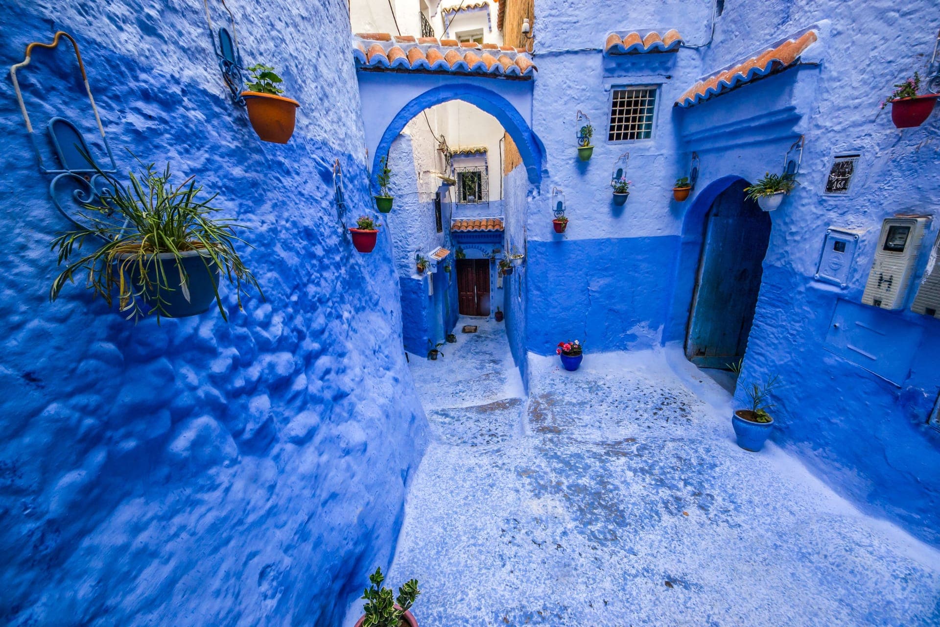A blue-washed alley in the Chefchaouen medina in the Rif Mountains