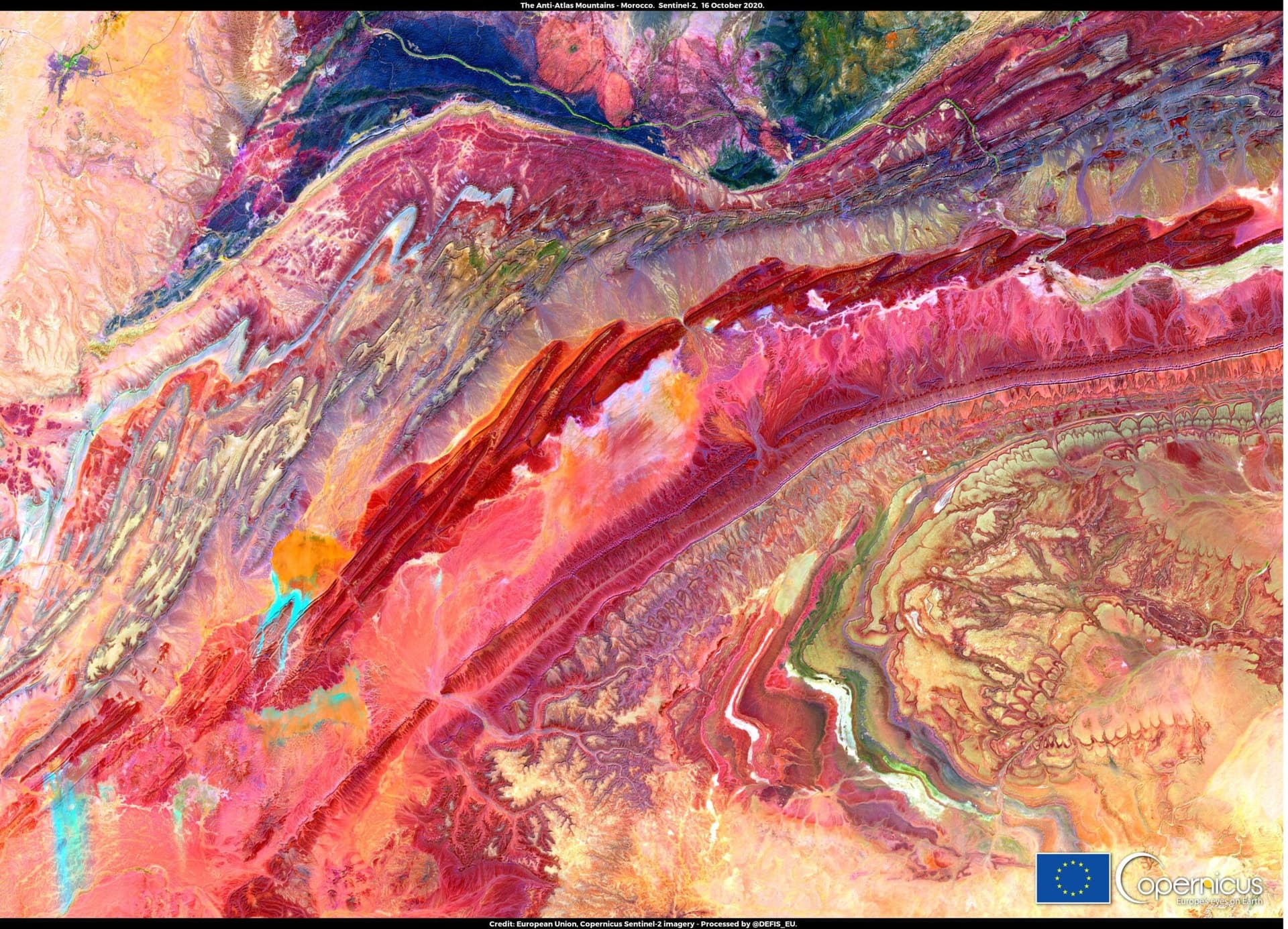 Aerial view of the Anti-Atlas mountain terrain around Taliouine's saffron-growing region