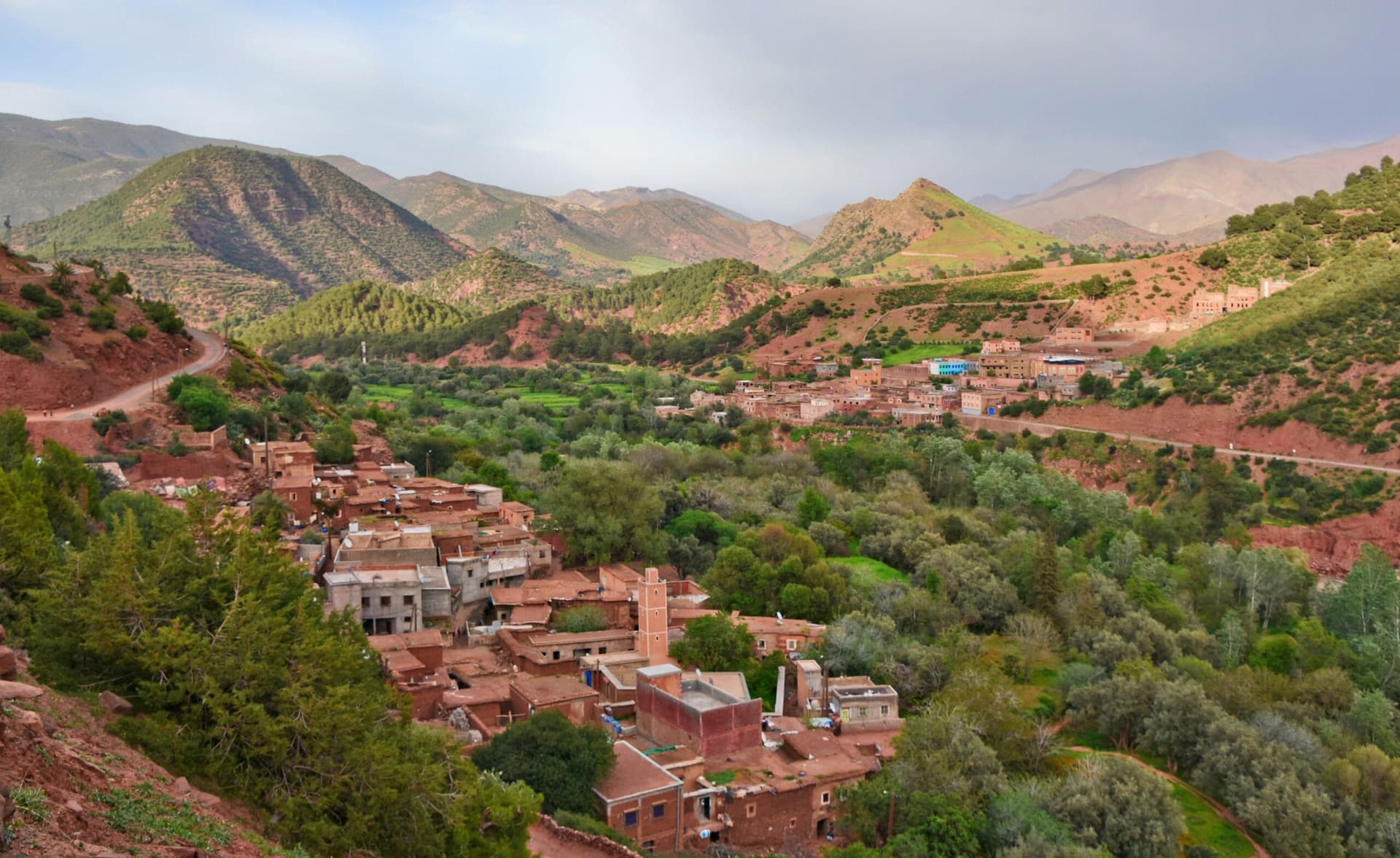 Aerial view of a red adobe Berber village in the Anti-Atlas foothills, Morocco