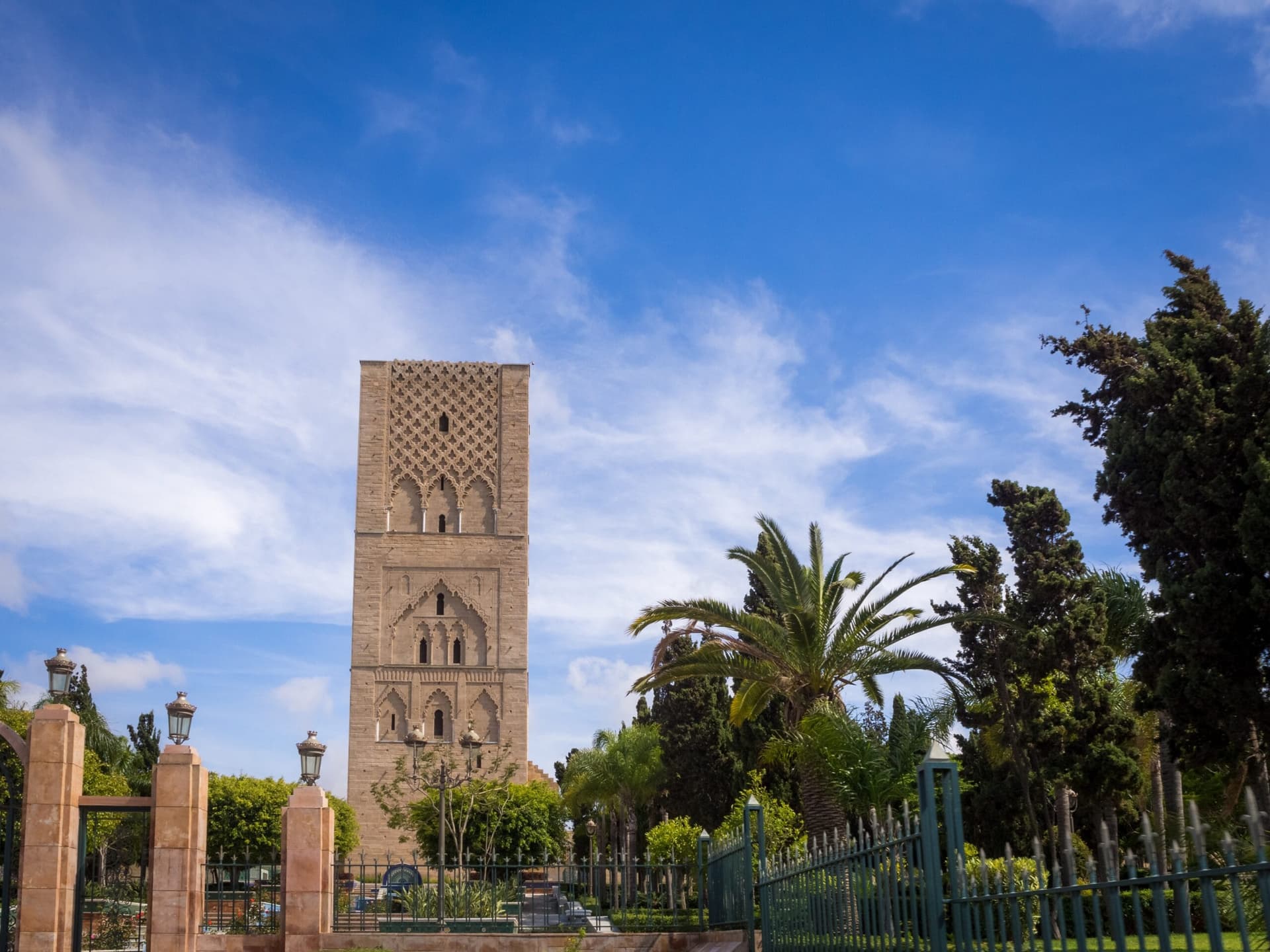 Hassan Tower minaret against a blue sky, Rabat