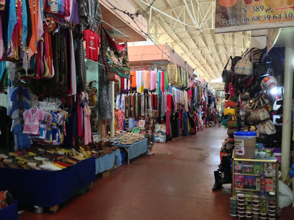 A covered souk market street in Agadir, near the Bensergao area