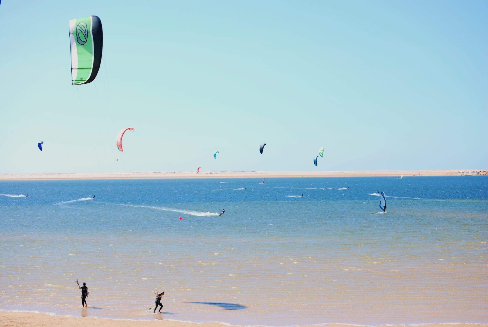 Kitesurfing on the flat-water lagoon at PK25 near Dakhla, Morocco
