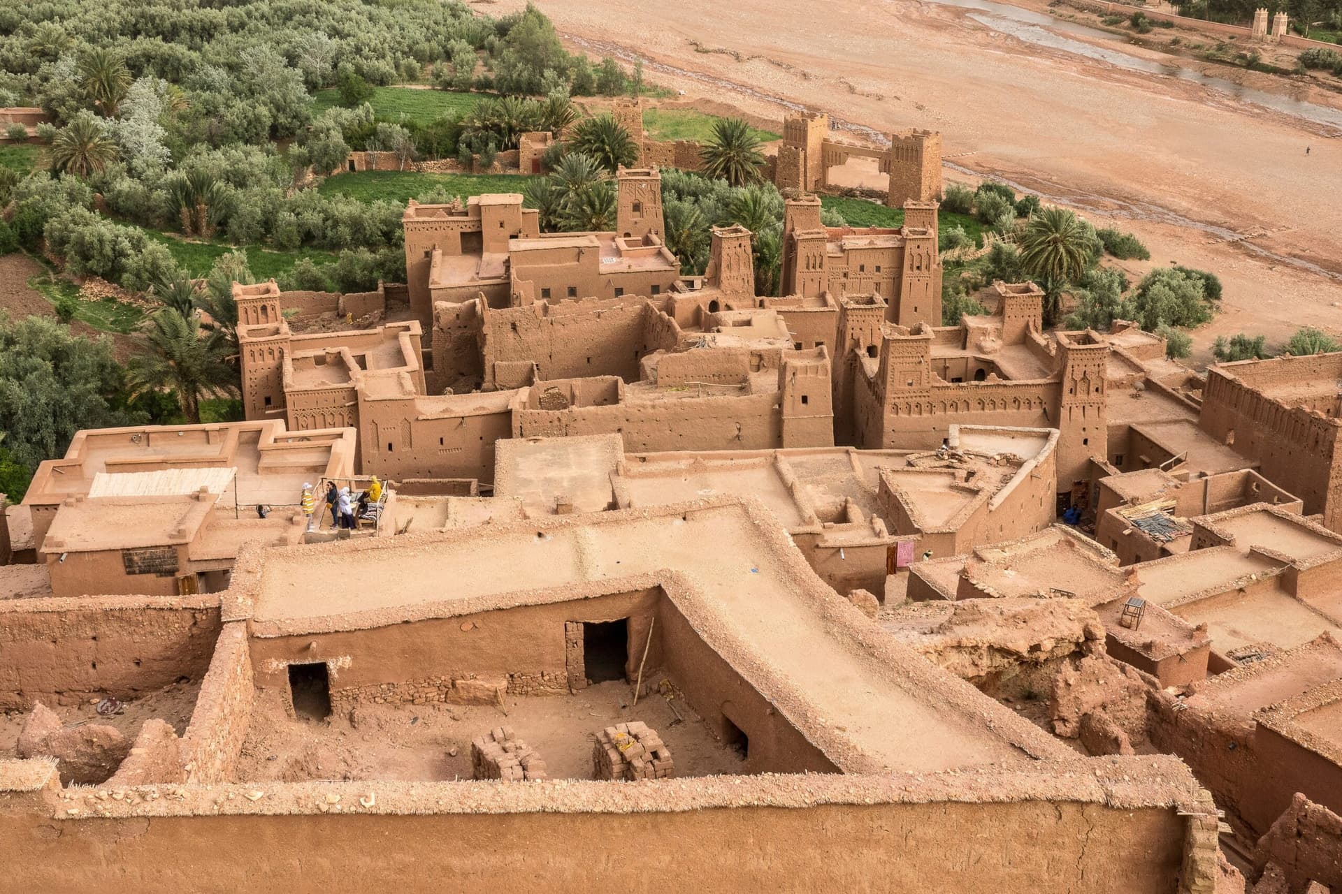 High-angle view of Kasbah Aït Benhaddou, a UNESCO-listed fortified village in Morocco
