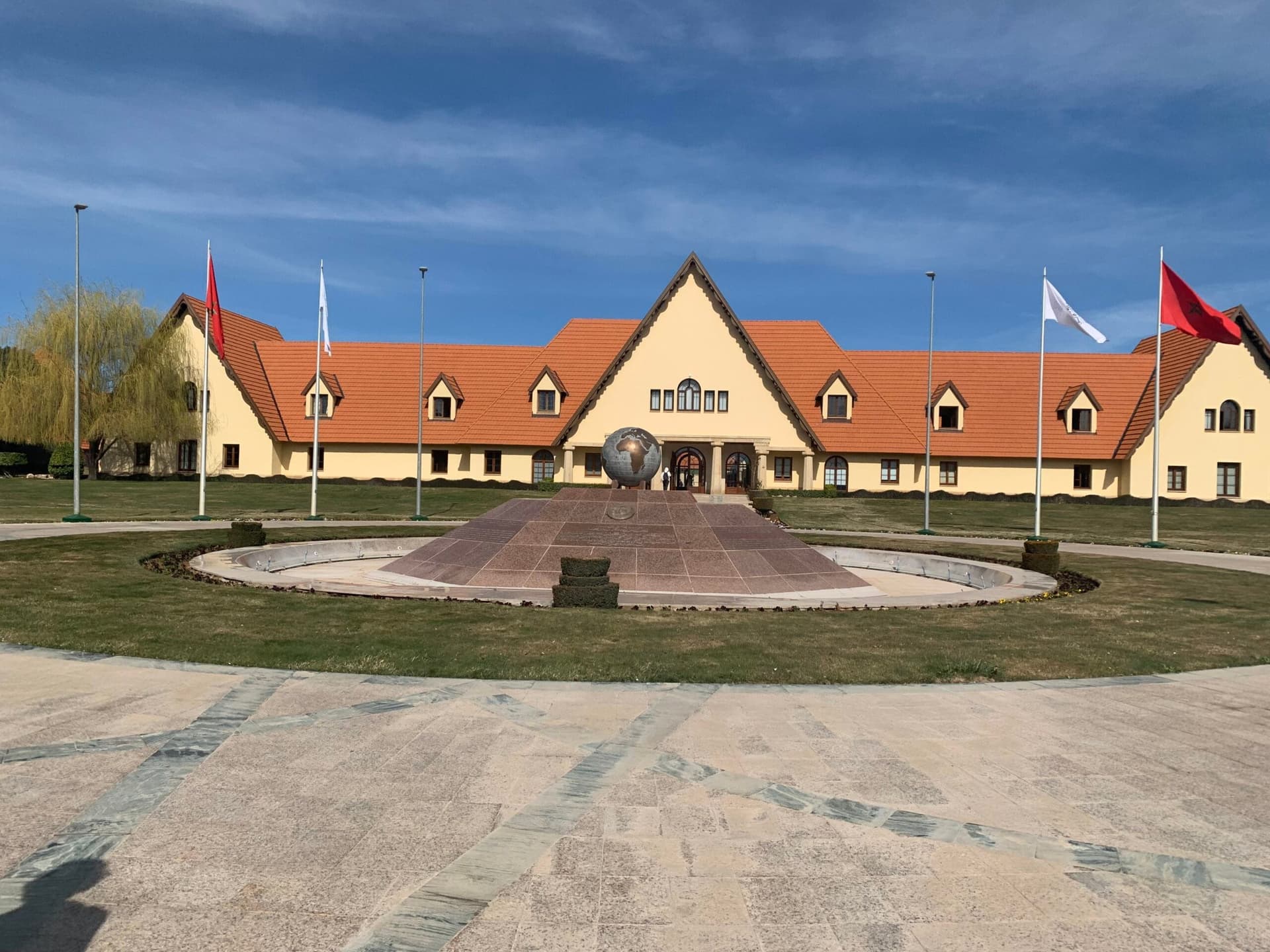 The landmark globe sculpture on the Al Akhawayn University campus, Ifrane, Morocco