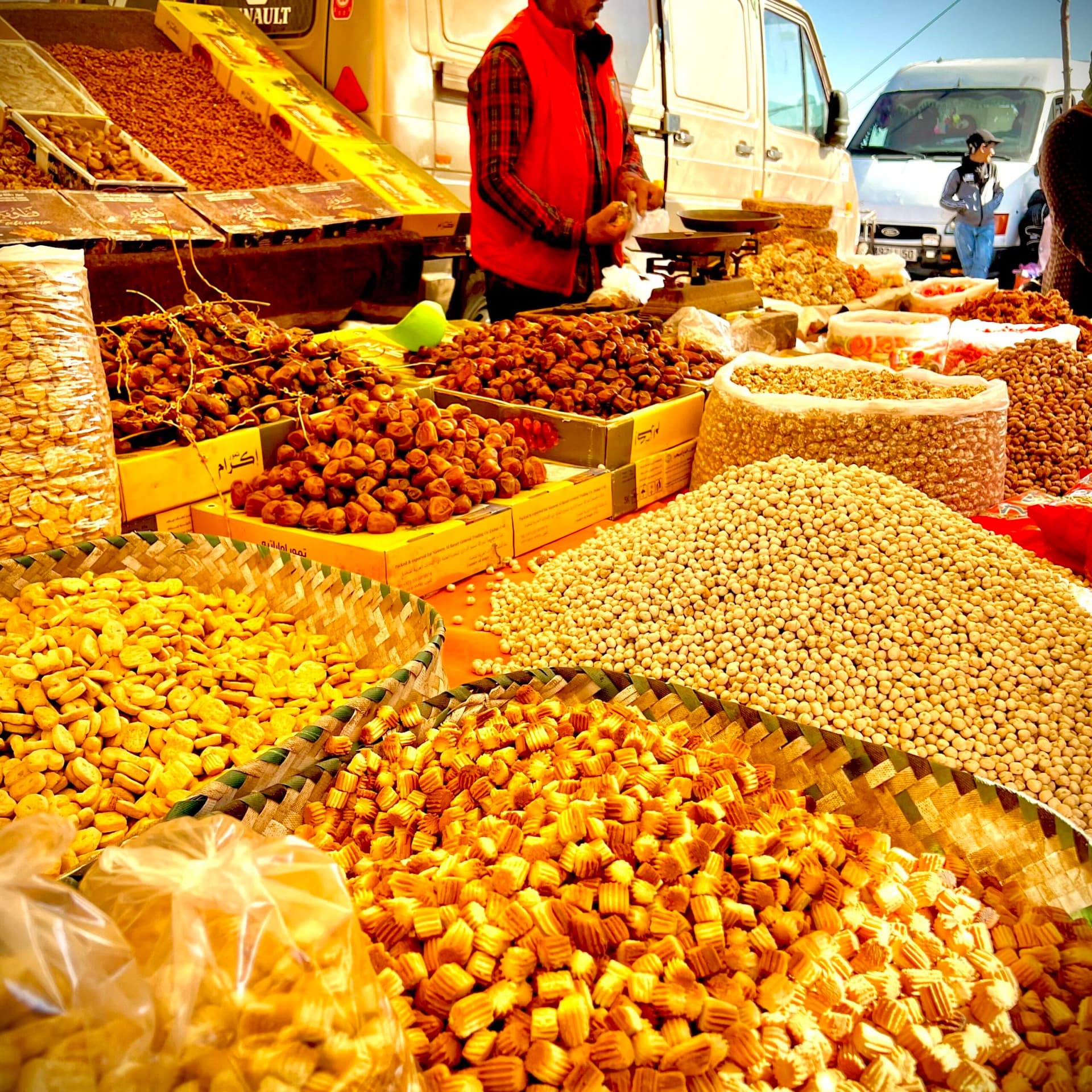 Wednesday market stalls in Oualidia town center, Morocco