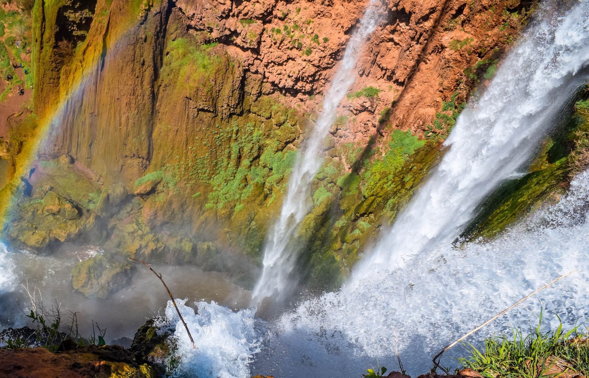 Panoramic cliff-top view overlooking the 110-metre drop of Ouzoud Falls