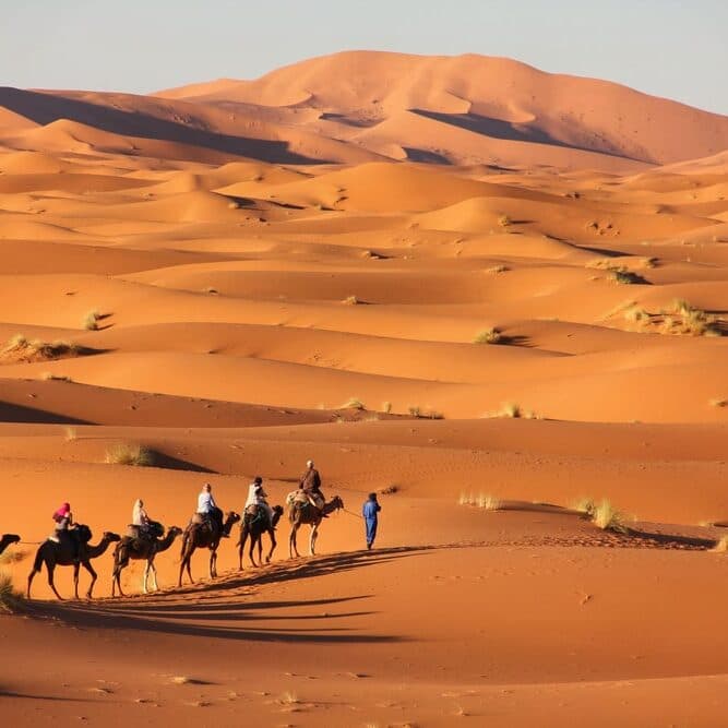 Sahara dunes and a desert camp near Merzouga, Morocco