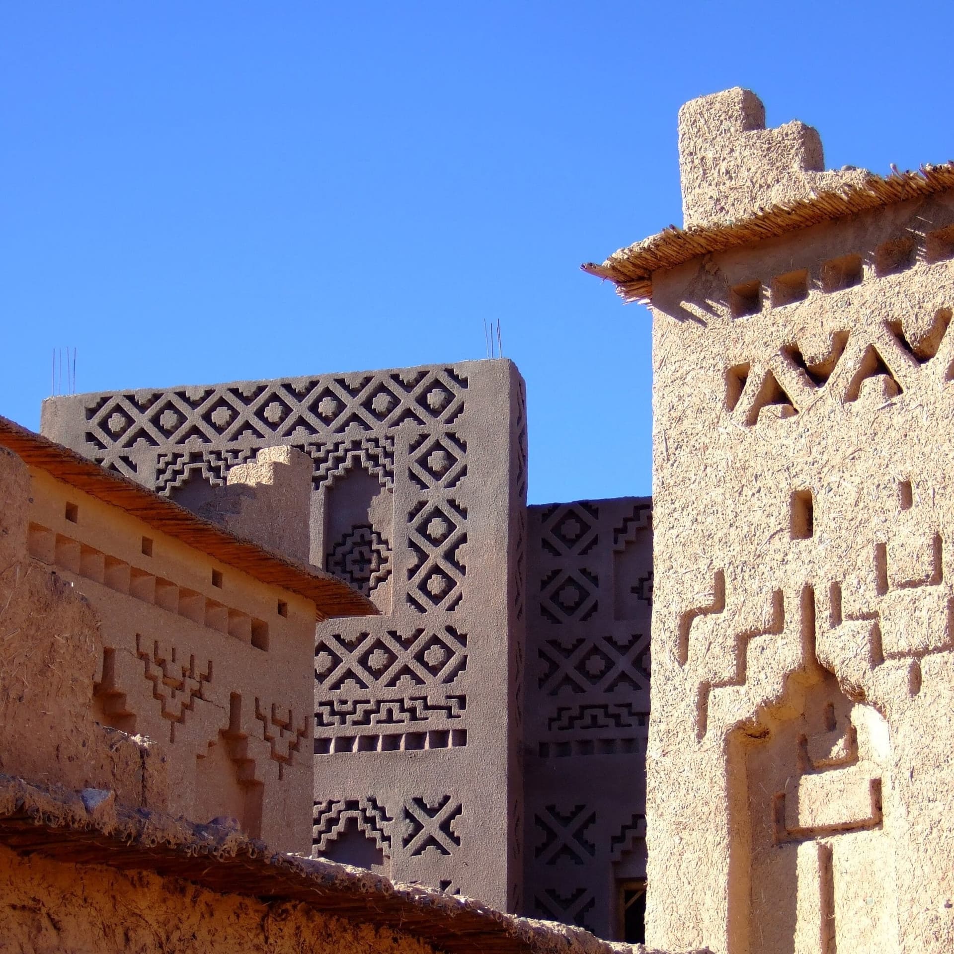 Restored kasbah walls amid the palm groves of Skoura, Morocco