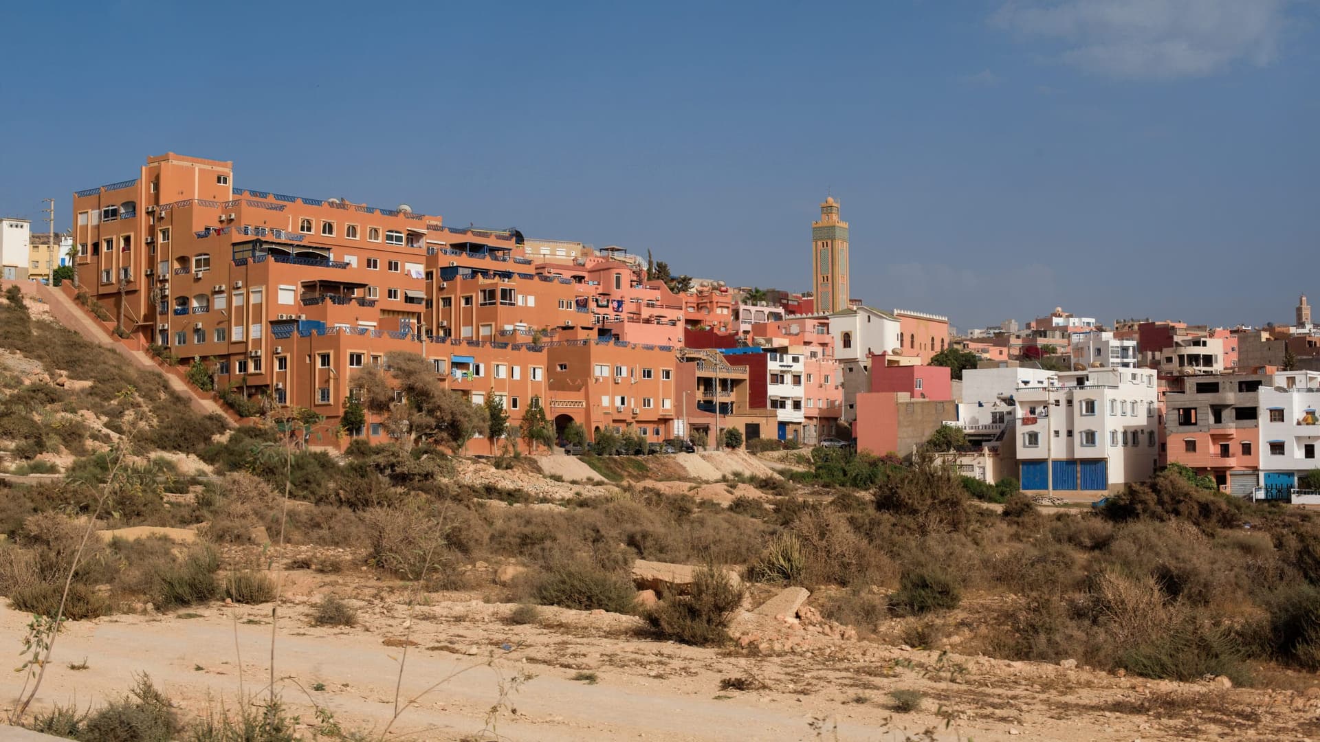Coastal view of the surf village of Tamraght near Taghazout, Morocco