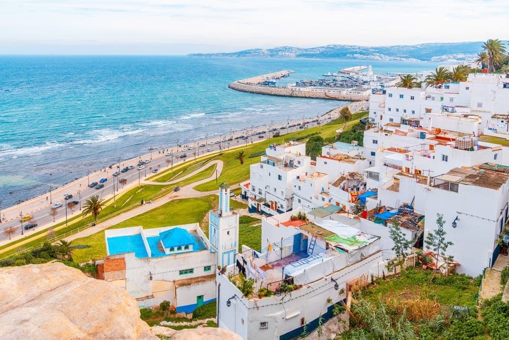 Aerial view of Tangier's coastline and Kasbah on arrival at Morocco's gateway to Africa