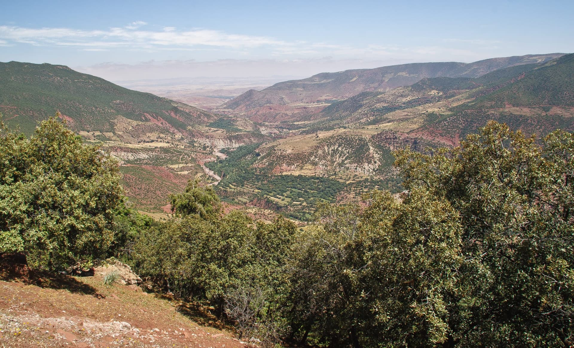 Mountain road view on the southern descent of Tizi n Tichka near Agouim, Morocco