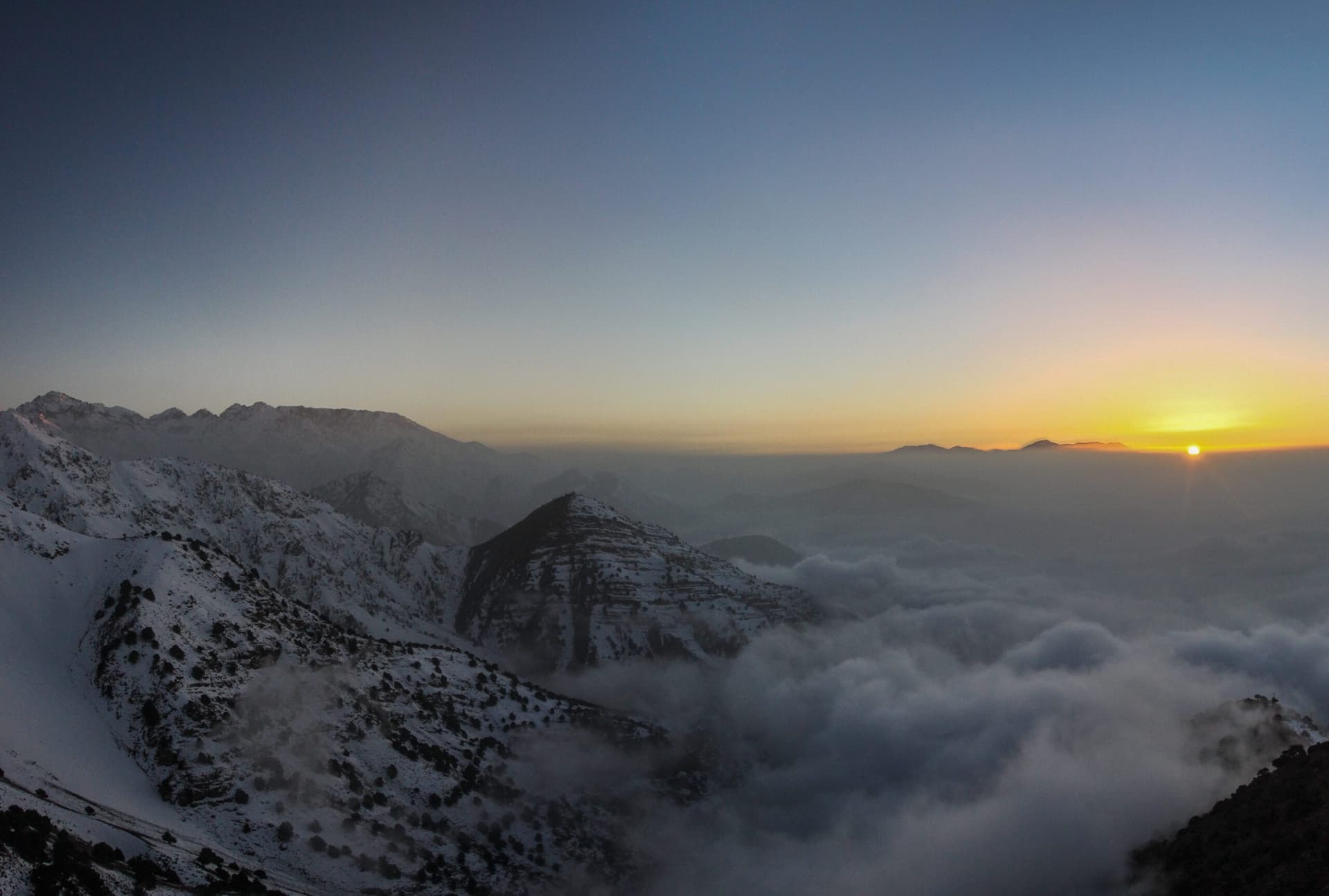 Mountain peaks of Toubkal National Park at sunset, High Atlas, Morocco