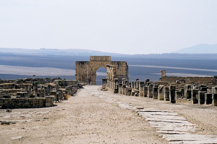 The Decumanus Maximus leading toward the Arch of Caracalla, Volubilis, Morocco