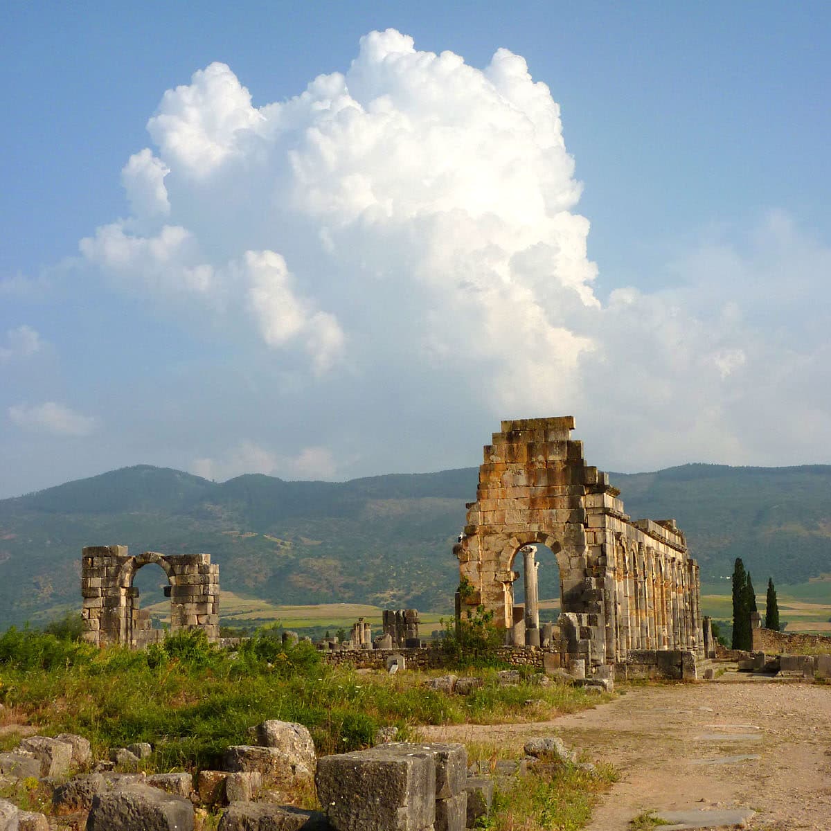 Approach view of the Volubilis archaeological site, Morocco