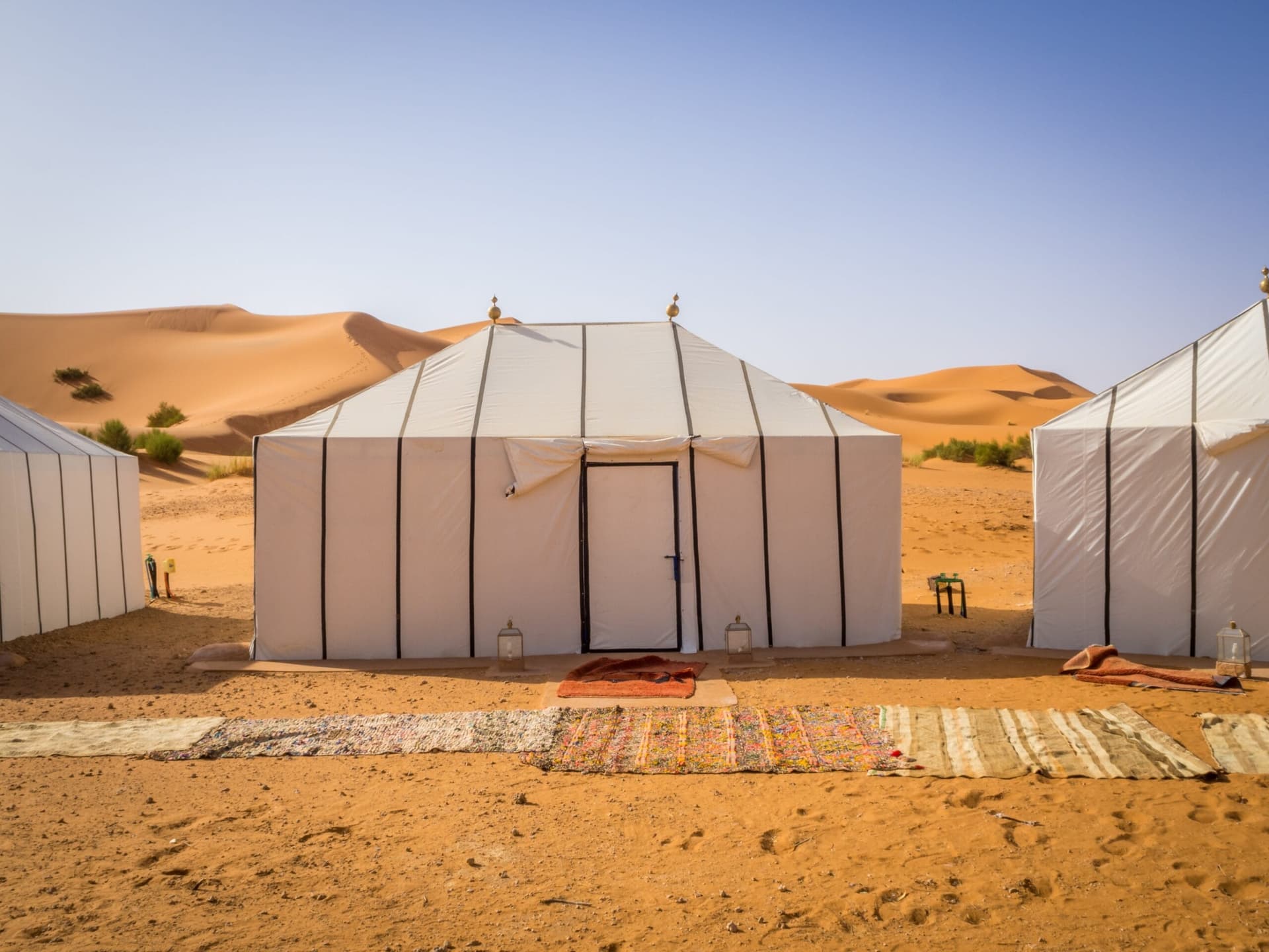 White Berber nomad tents pitched in the Sahara Desert near Merzouga